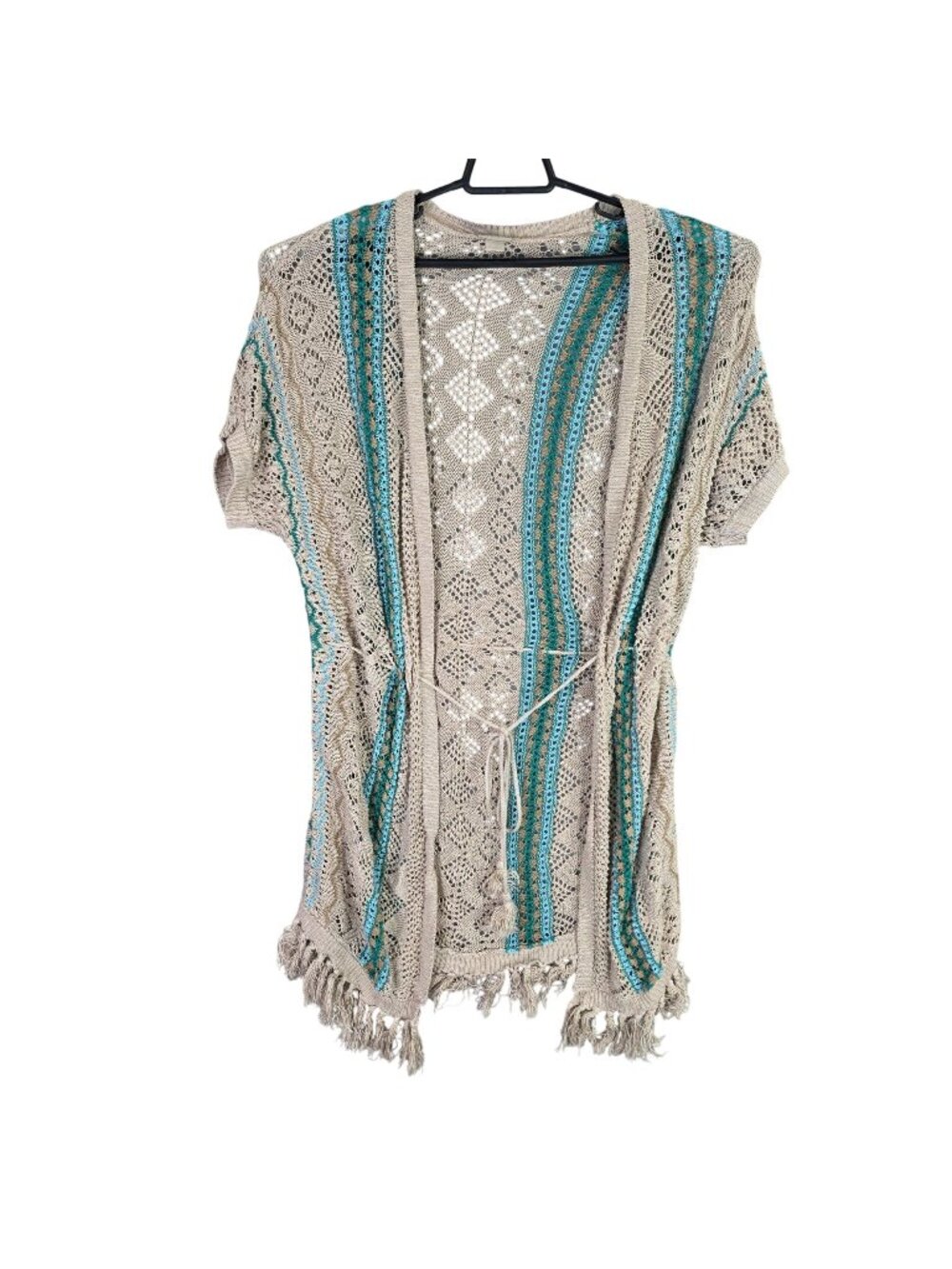 Womens Chicos Beige & Turquoise Open Front Knit Cardigan 100% Linen Size 1